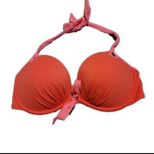 Victoria’s Secret Bombshell Push Up Bikini Halter Top Coral with a Pink Bow 36D
